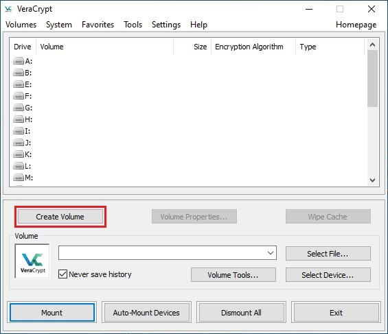 Janela principal do VeraCrypt com o botão Create Volume destacado