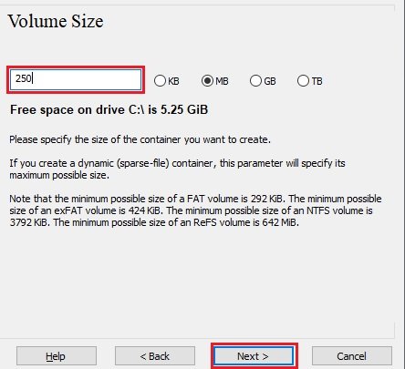 Tela Volume Size com 250 MB digitado