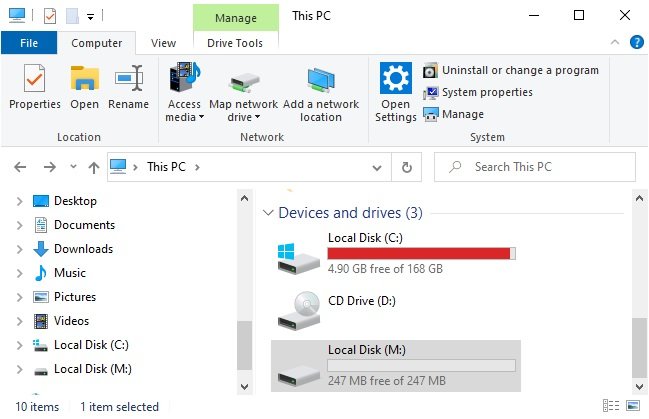 Explorador de Arquivos do Windows mostrando a nova unidade M
