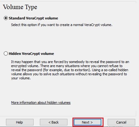 Tela de escolha entre volume padrão e volume oculto
