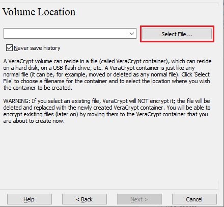 Tela Volume Location com o botão Select File destacado