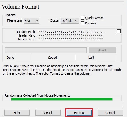 Tela Volume Format com a barra de aleatoriedade e o botão Format