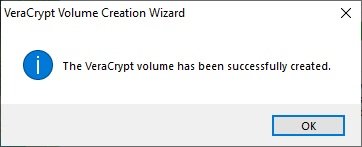 Aviso de que o volume VeraCrypt foi criado com sucesso