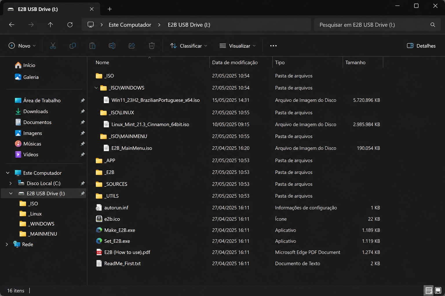Explorador de Arquivos do Windows mostrando a estrutura de pastas _ISO com subpastas WINDOWS, LINUX e MAINMENU, cada uma com um arquivo ISO de exemplo