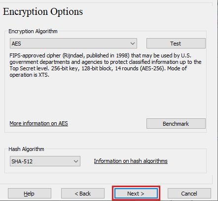 Tela Encryption Options com AES e SHA-512 selecionados