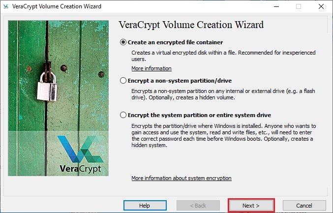 Assistente de criação com a opção Create an encrypted file container marcada