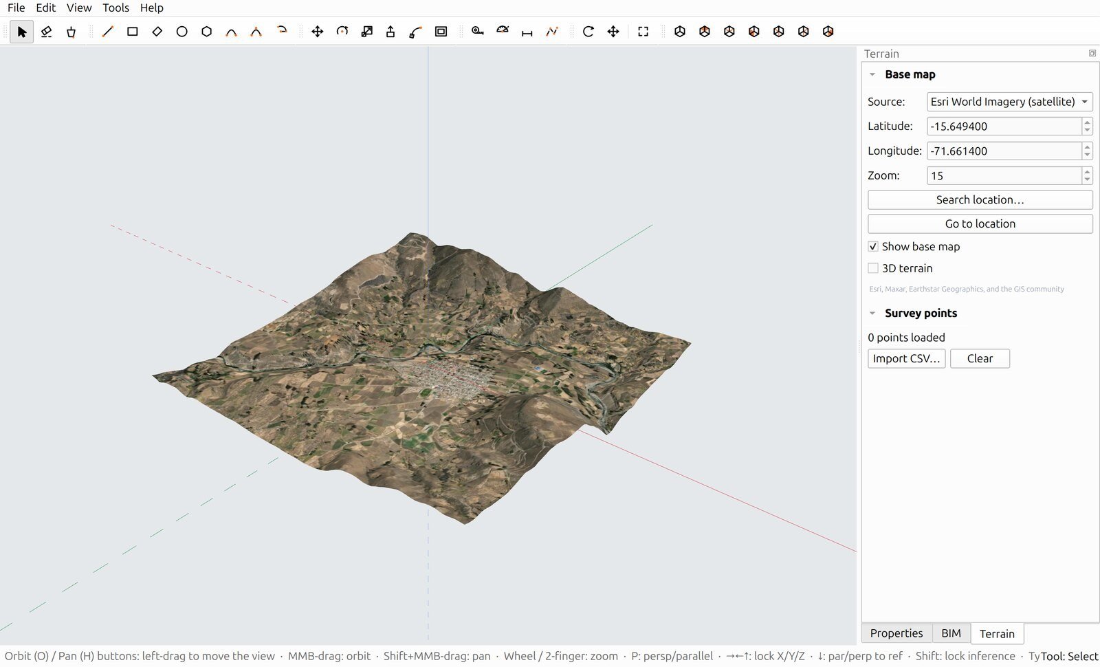 Terreno 3D com imagem de satélite carregado no IngeTrazo a partir de latitude e longitude