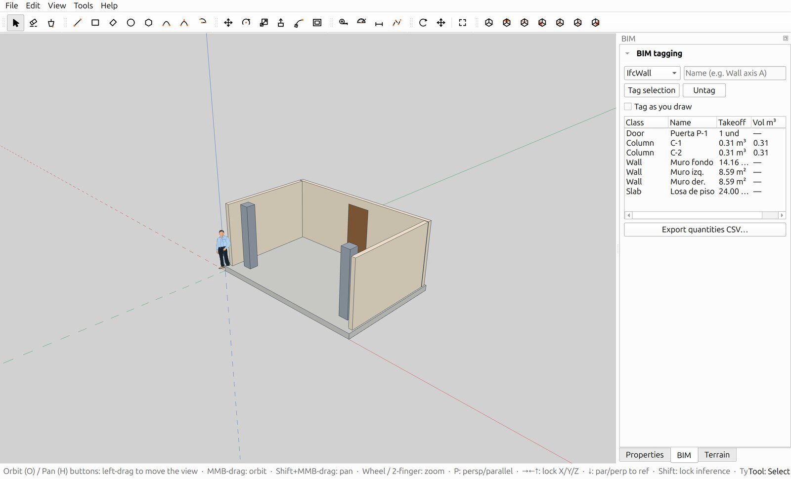 Painel BIM do IngeTrazo listando parede, pilares, porta e laje com seus quantitativos